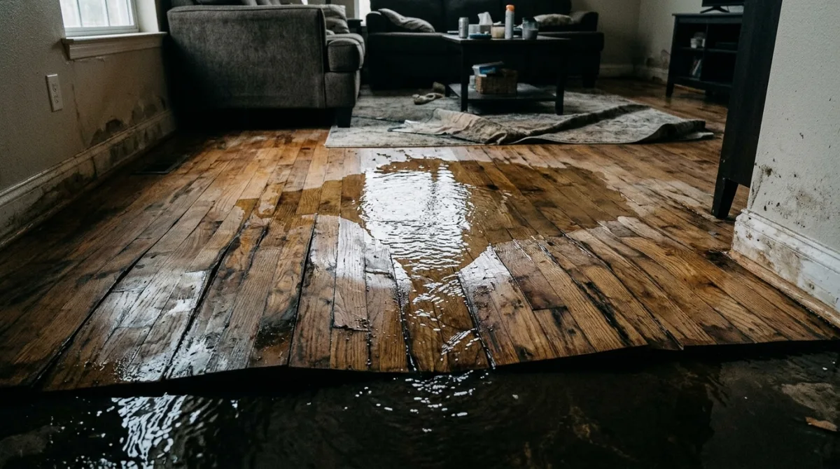 Water seeping up through a residential hardwood floor from a below-slab plumbing leak
