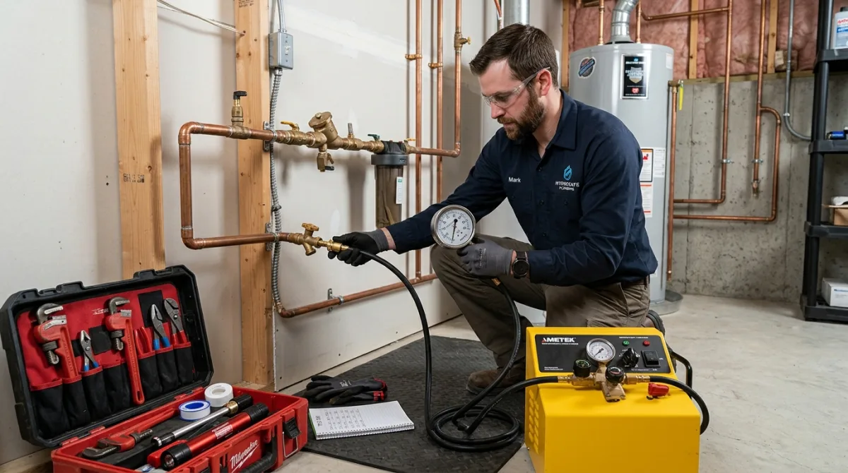 Plumber connecting a pressure gauge to perform a hydrostatic pressure test on residential plumbing