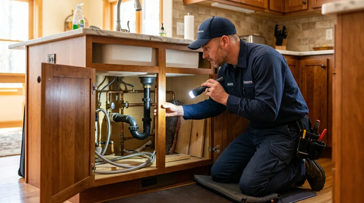 Professional plumber using a flashlight to inspect copper supply lines and drain connections under a kitchen sink