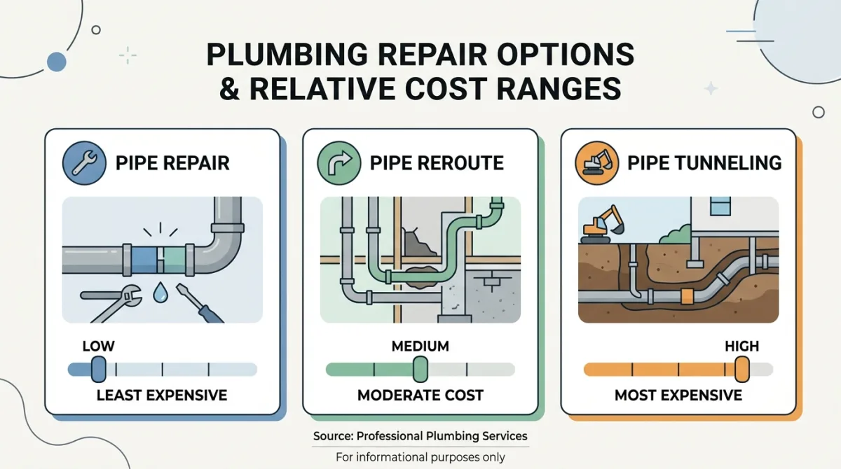 Diagram comparing three slab leak repair options by relative cost: spot repair, pipe reroute, and tunneling