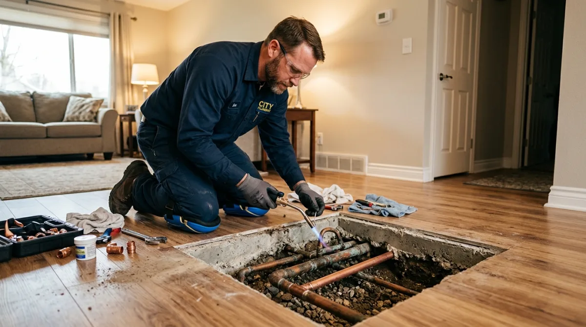 Plumber performing a slab leak repair, accessing under-slab copper pipes through a concrete opening in a residential home