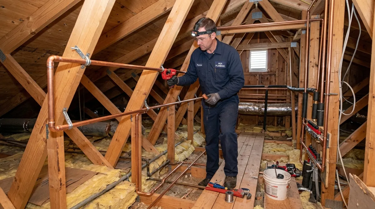 Plumber routing new copper water supply pipes through an attic space as part of a slab leak pipe reroute