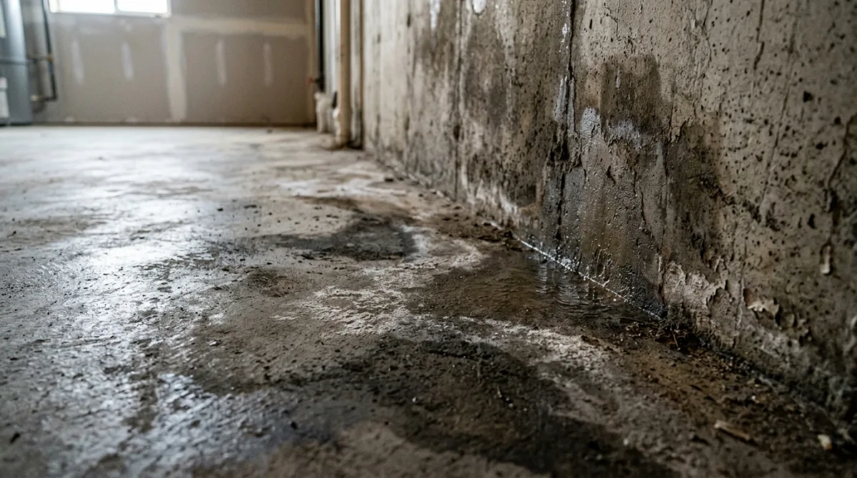 Moisture and water damage visible on a concrete floor surface, a common symptom of an under-slab pipe leak
